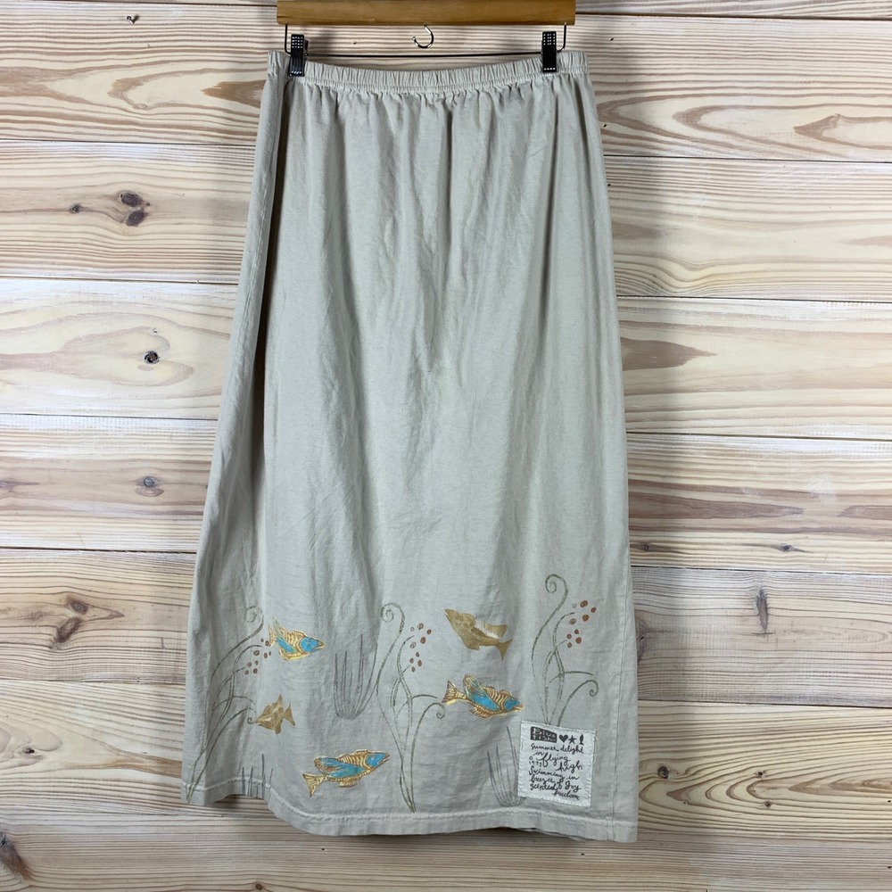 Blue Fish Maxi Skirt Womens 2 Tan Vintage 1997 Fish Hand-stamped Organic Boho